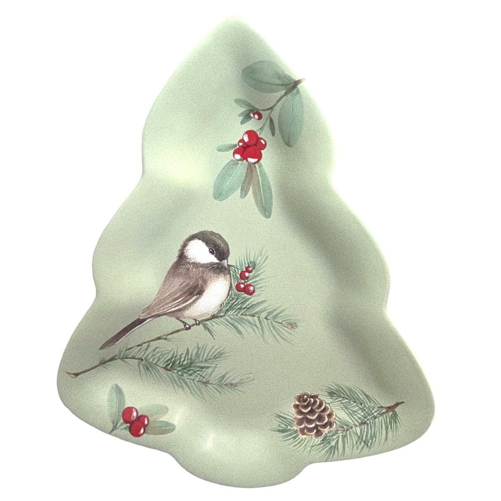 Pfaltzgraff Winterwood Tree Shaped Dish 10" Chickadee Pine Green Stoneware USA